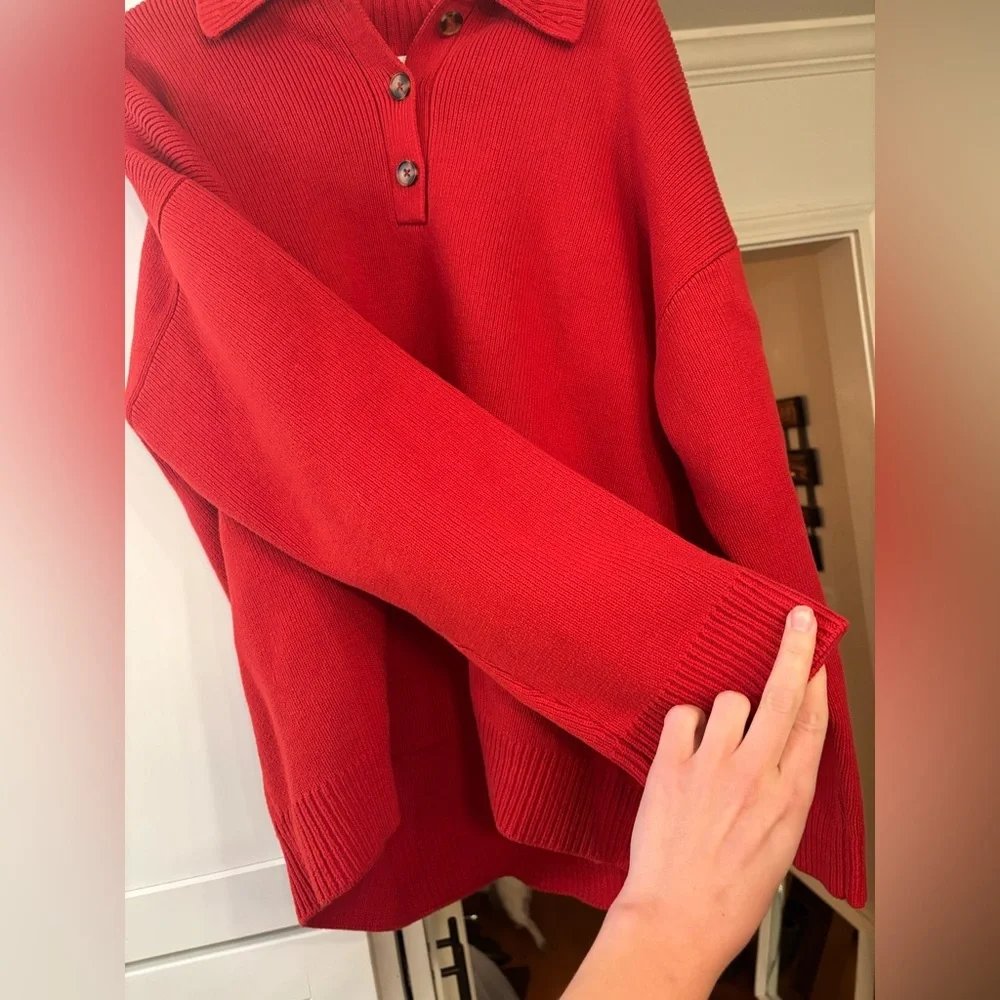 new Reformation Brooklyn Cotton polo button pullover sweater in red - Picture 3 of 6